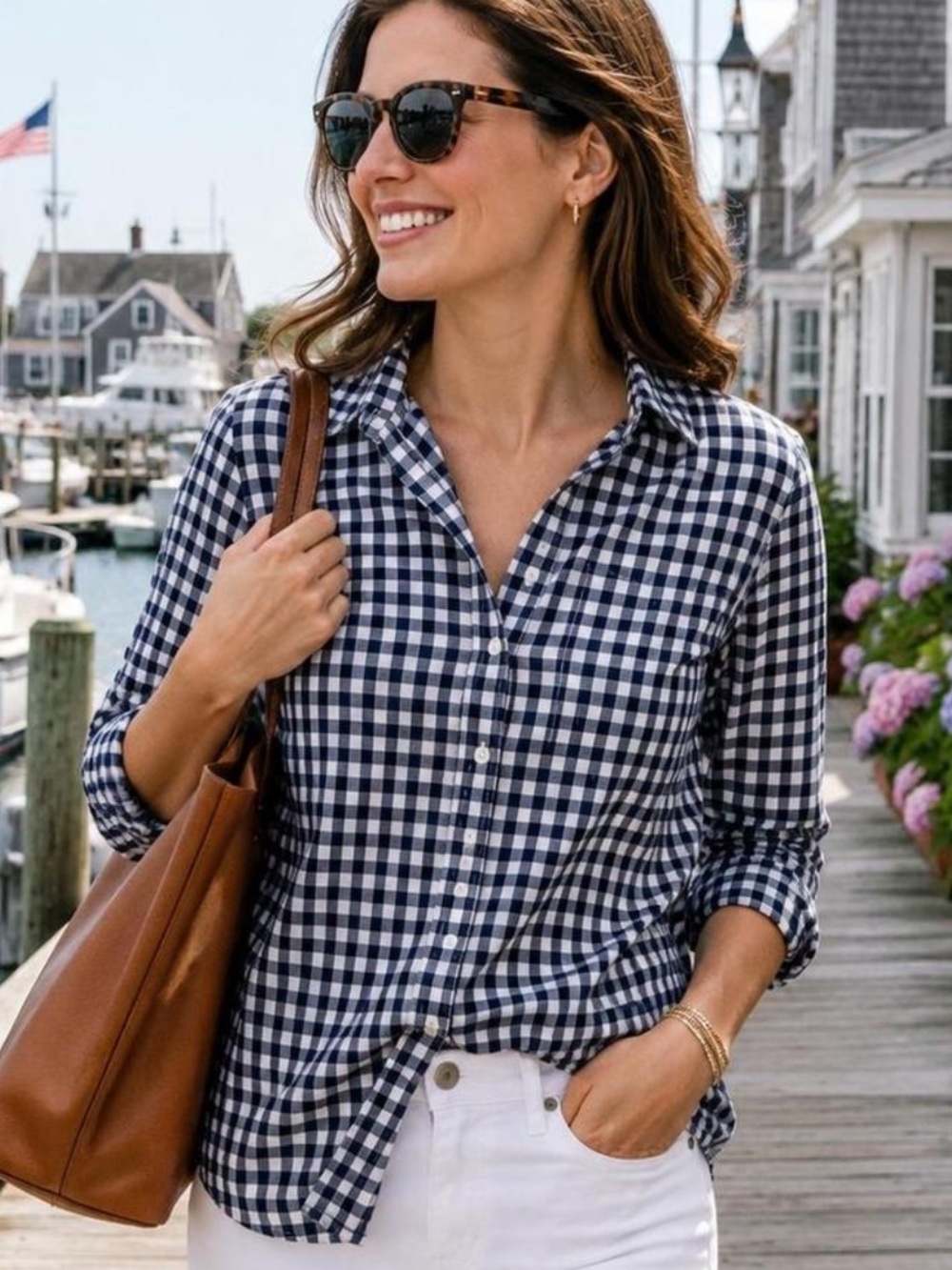 J.Crew Classic Preppy Navy and White Gingham Button Down Shirt Size S